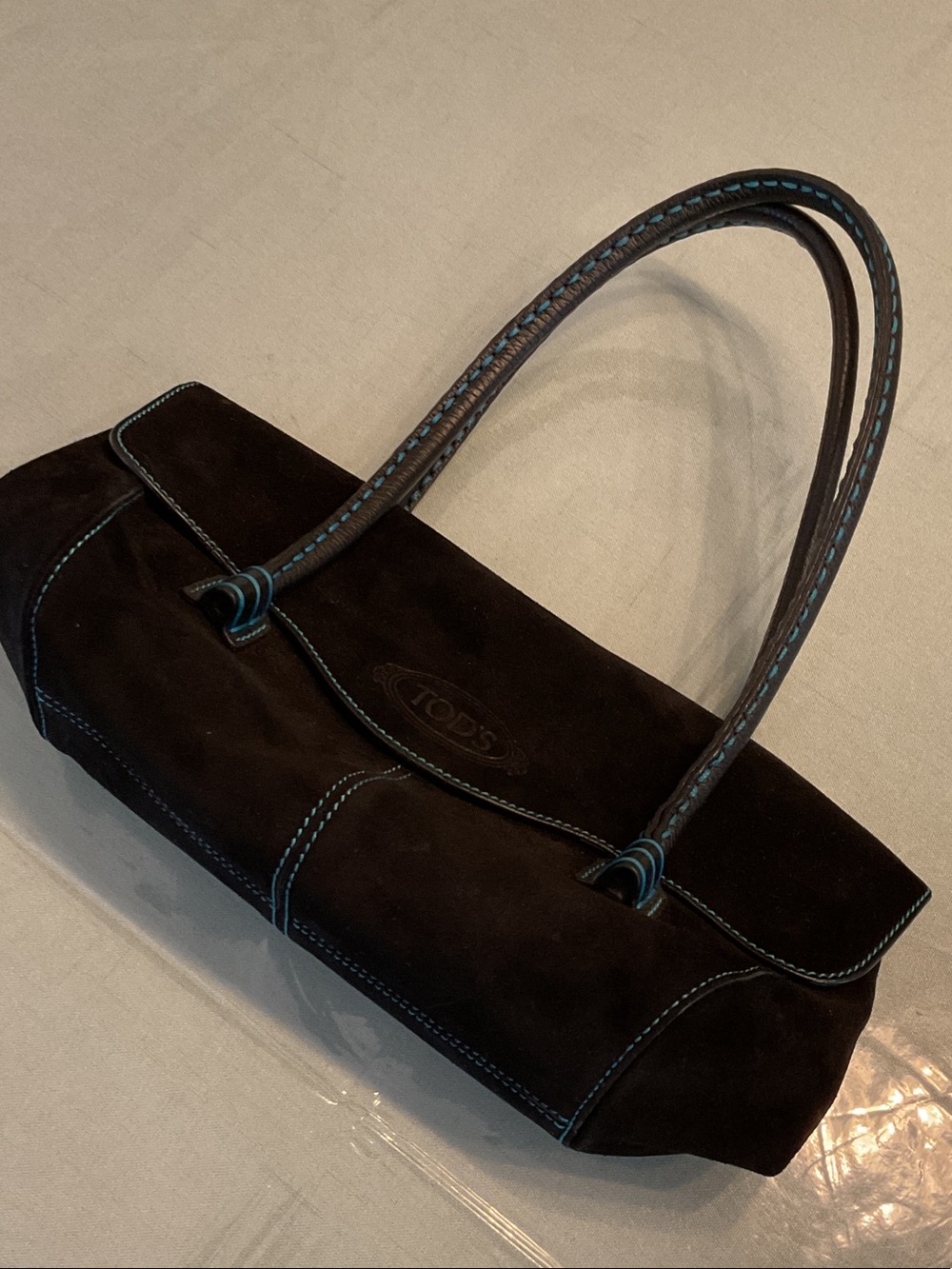 TOD’S black suede bag with aqua stitching, see closeups